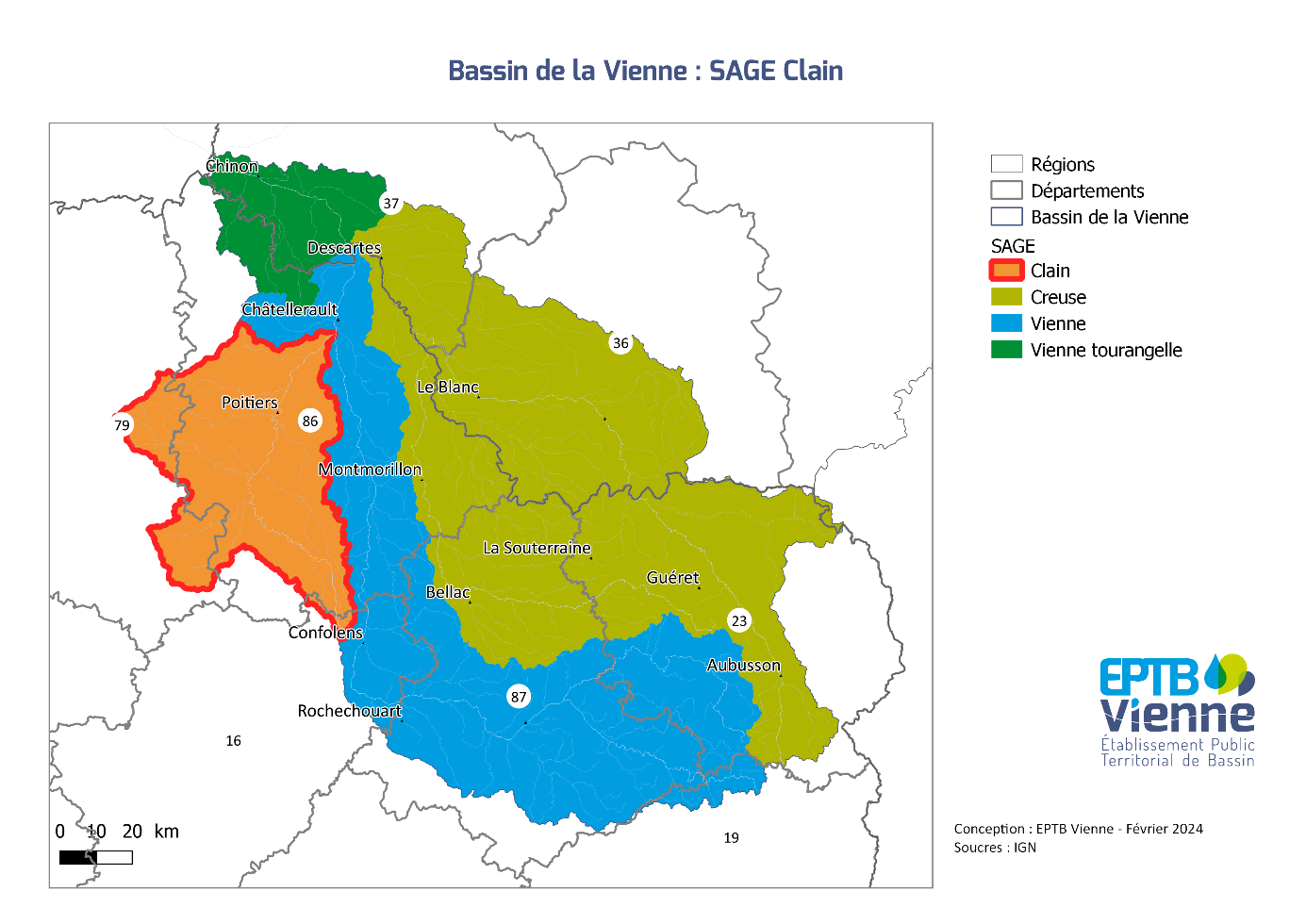 Image : carte du Bassin de la Vienne, mettant en évidence le SAGE Clain et représentant aussi le SAGE Creuse, le SAGE Vienne et le SAGE Vienne Tourangelle.